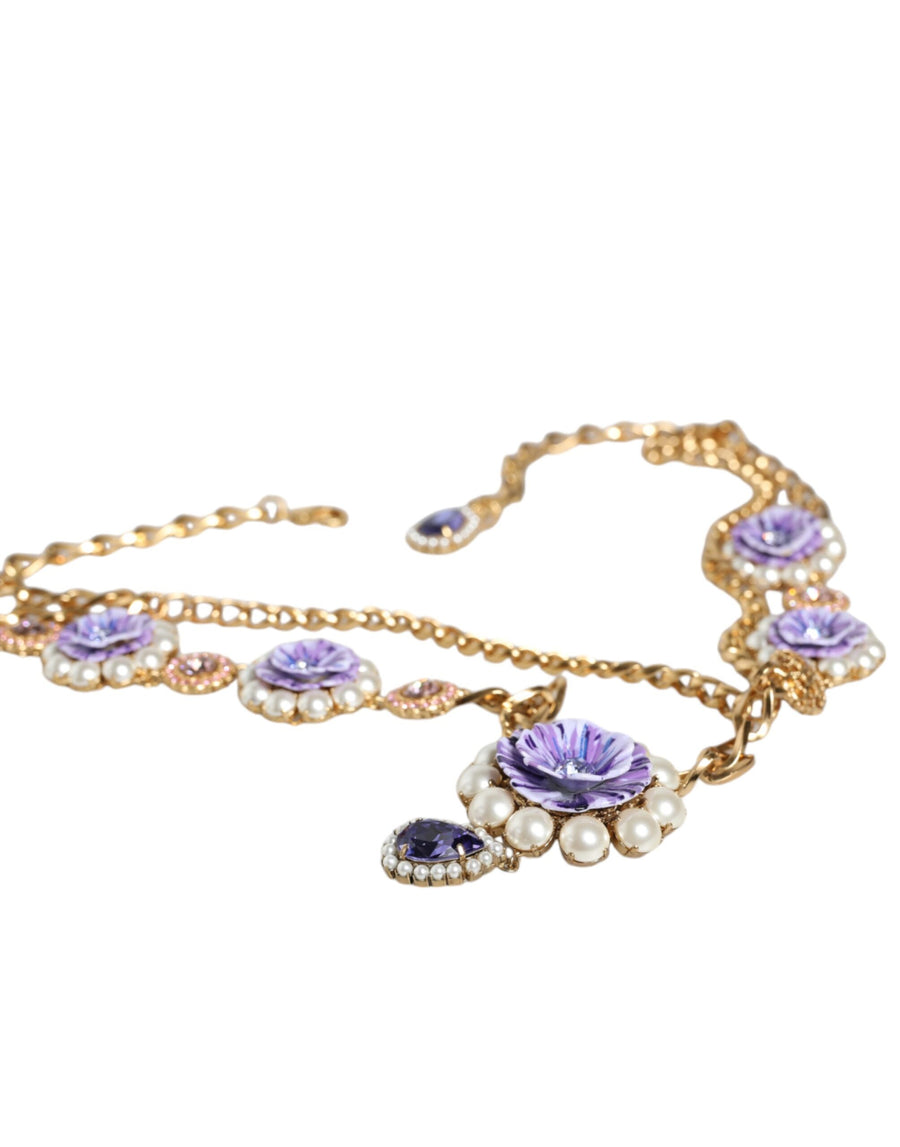 Dolce & Gabbana Gold Tone Floral Crystals Embellished Layered Necklace