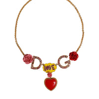 Dolce & Gabbana Gold Chain DG Logo Rose Love Crystal Charm Necklace