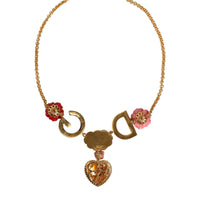 Dolce & Gabbana Gold Chain DG Logo Rose Love Crystal Charm Necklace