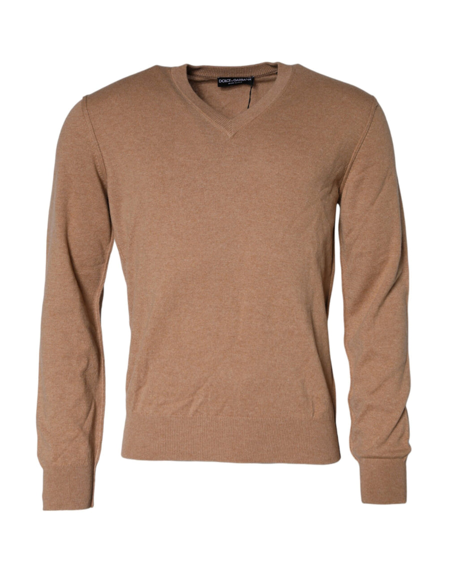 Dolce & Gabbana Brown Cashmere Knit V-neck Pullover Sweater