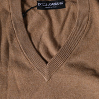 Dolce & Gabbana Brown Cashmere Knit V-neck Pullover Sweater