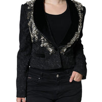 Dolce & Gabbana Black Jacquard Crystal Floral Jacket Blazer