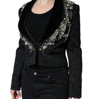 Dolce & Gabbana Black Jacquard Crystal Floral Jacket Blazer