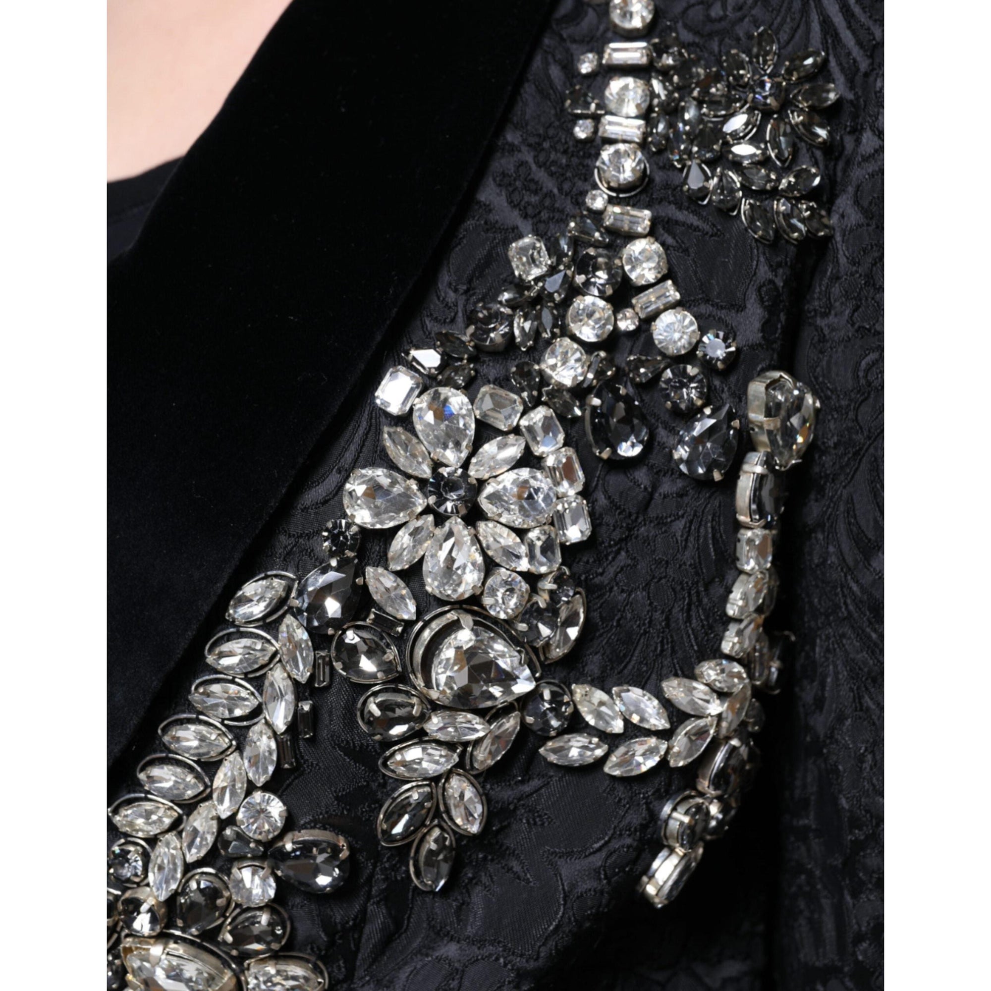 Dolce &amp; Gabbana Black Jacquard Crystal Floral Jacket Blazer