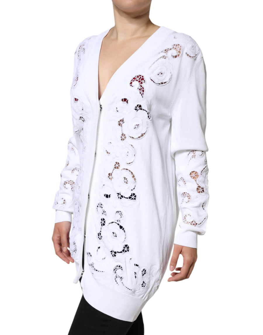 Dolce & Gabbana White Viscose Floral Cut Out Cardigan Sweater