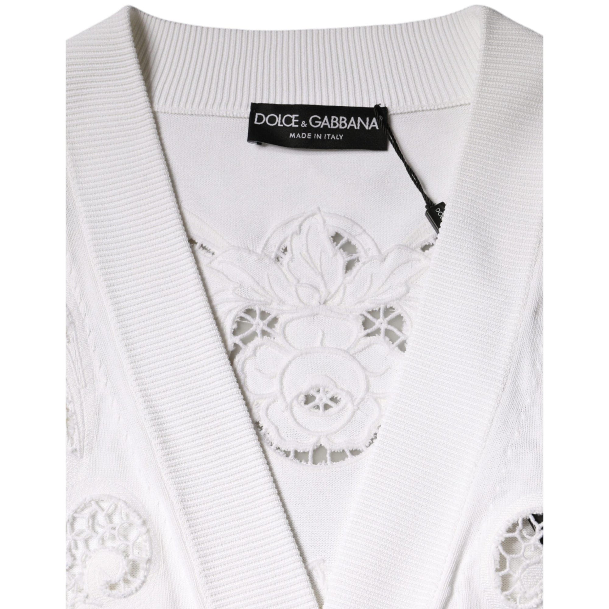 Dolce &amp; Gabbana White Viscose Floral Cut Out Cardigan Sweater