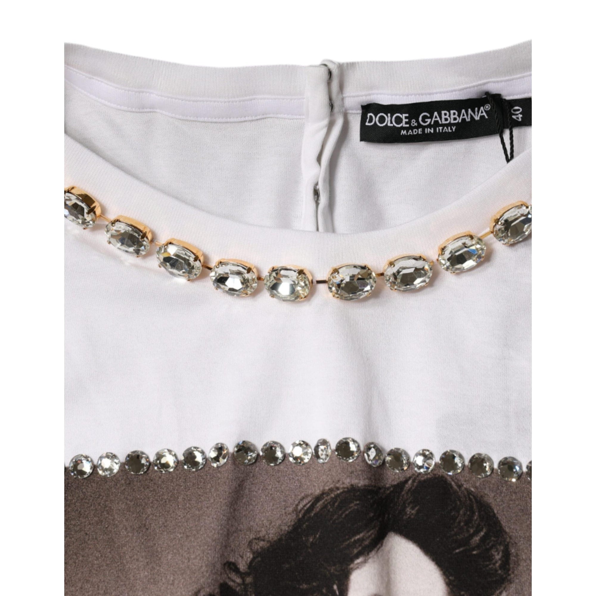 Dolce &amp; Gabbana White Crystal Neckline Embellished Printed T-shirt