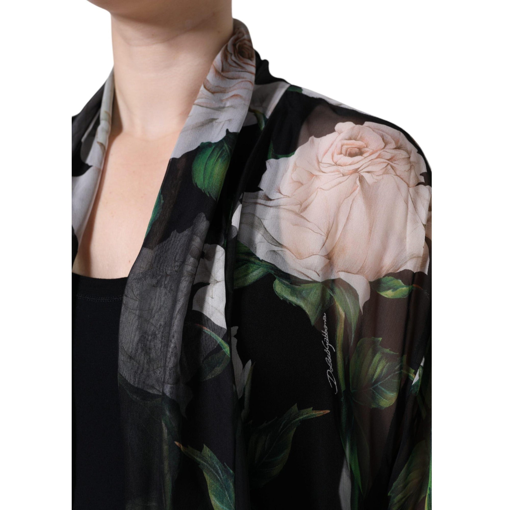 Dolce &amp; Gabbana Black Floral Print Silk Cardigan Blouse Top