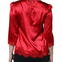 Dolce & Gabbana Red Satin Lace Trim Round Neck Blouse Top