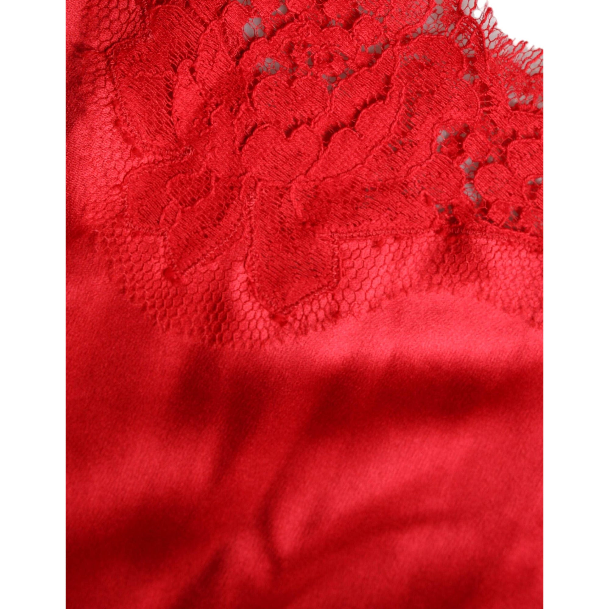 Dolce &amp; Gabbana Red Satin Lace Trim Round Neck Blouse Top