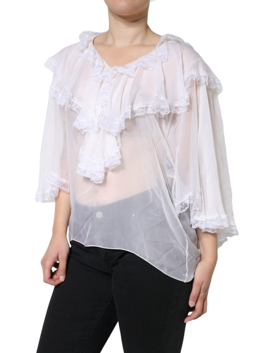 Dolce & Gabbana White Ruffles Lace Long Sleeve Blouse Top