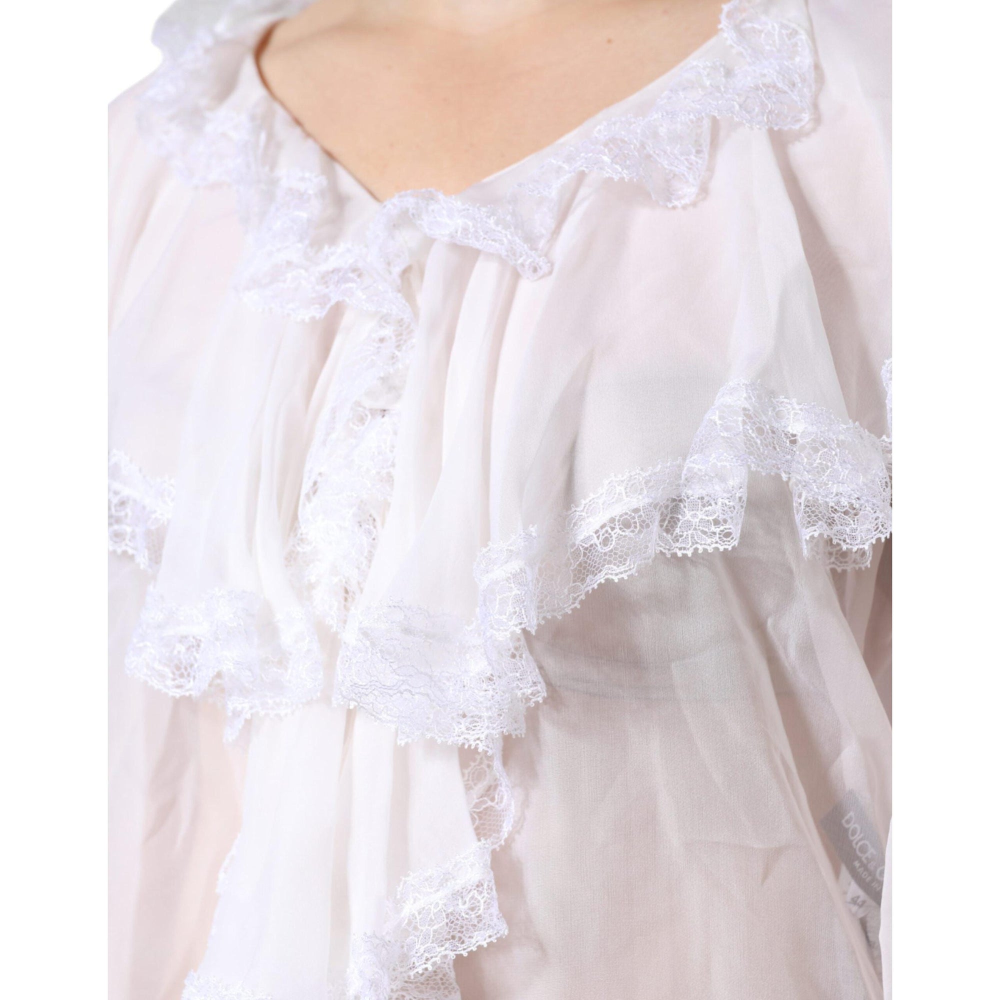 Dolce &amp; Gabbana White Ruffles Lace Long Sleeve Blouse Top