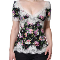 Dolce & Gabbana Black Floral Lace Short Sleeves Blouse Top