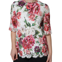 Dolce & Gabbana White Peony Lace Short Sleeves Blouse Top