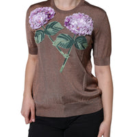 Dolce & Gabbana Brown Floral Applique Viscose Short Sleeve Top