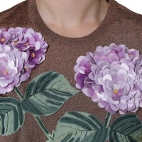 Dolce & Gabbana Brown Floral Applique Viscose Short Sleeve Top