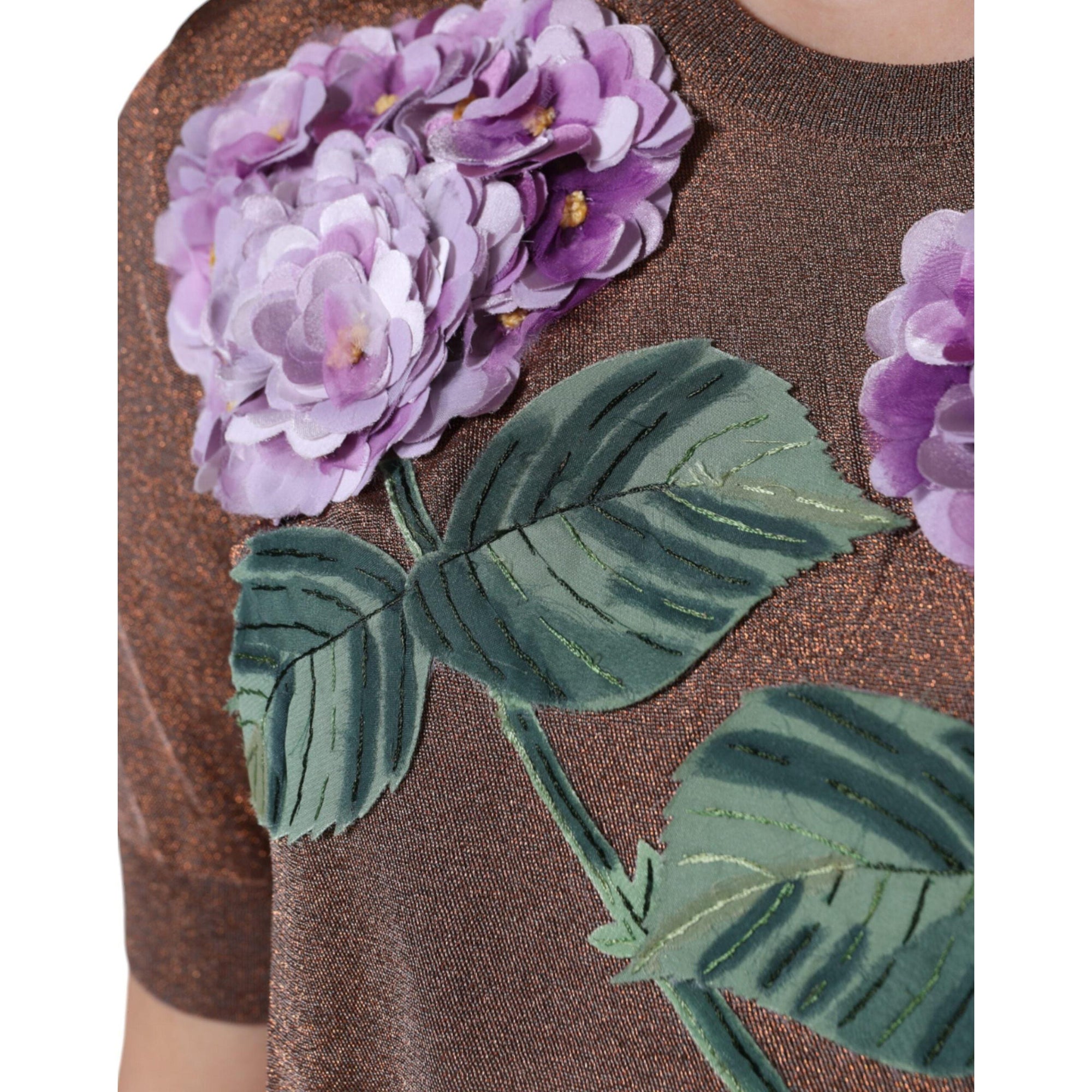 Dolce &amp; Gabbana Brown Floral Applique Viscose Short Sleeve Top