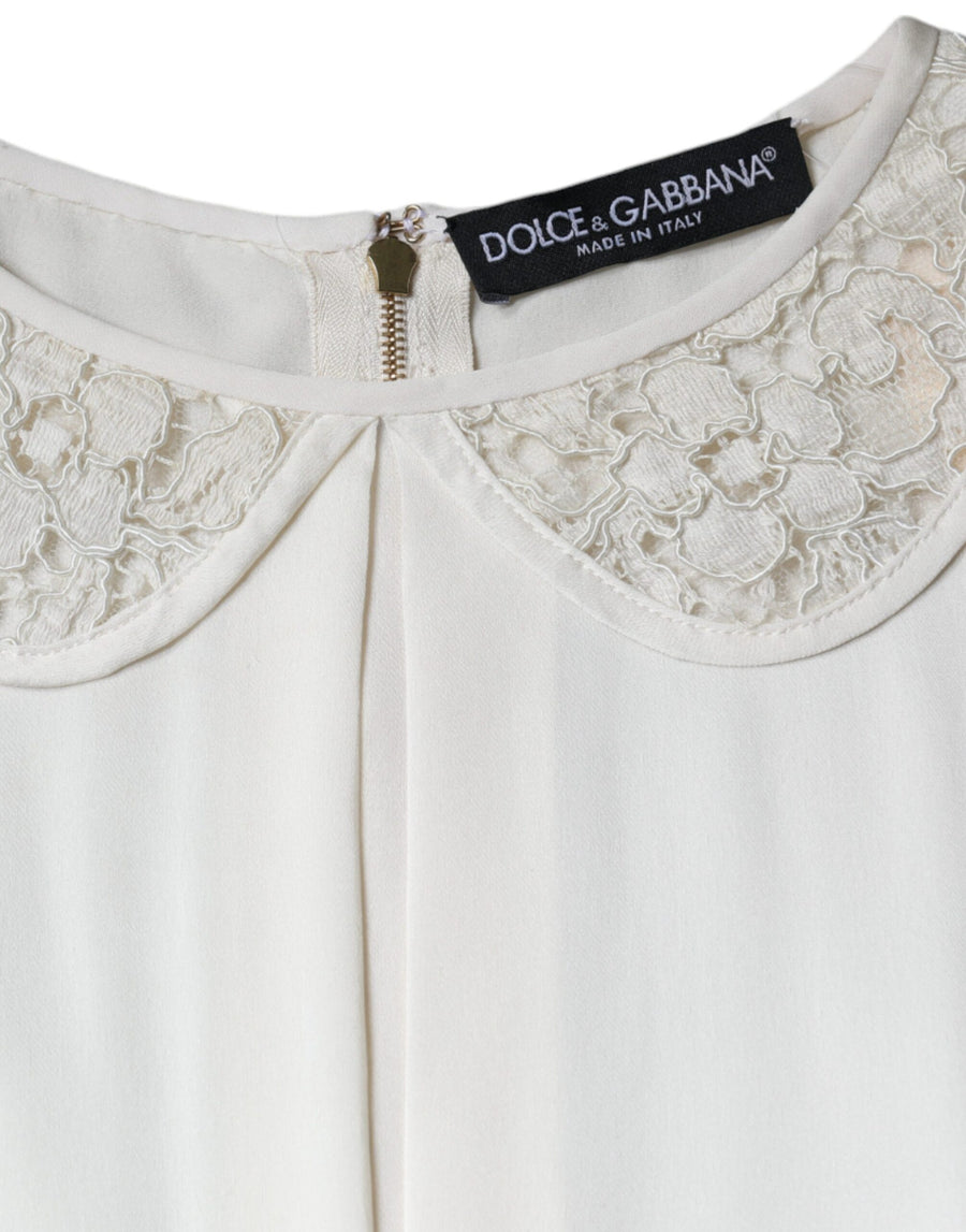 Dolce & Gabbana Off White Silk Lace Trimmed 3/4 Sleeves Blouse Top