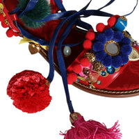 Dolce & Gabbana Multicolor Pom Pom Fur Wrap Sandals Shoes