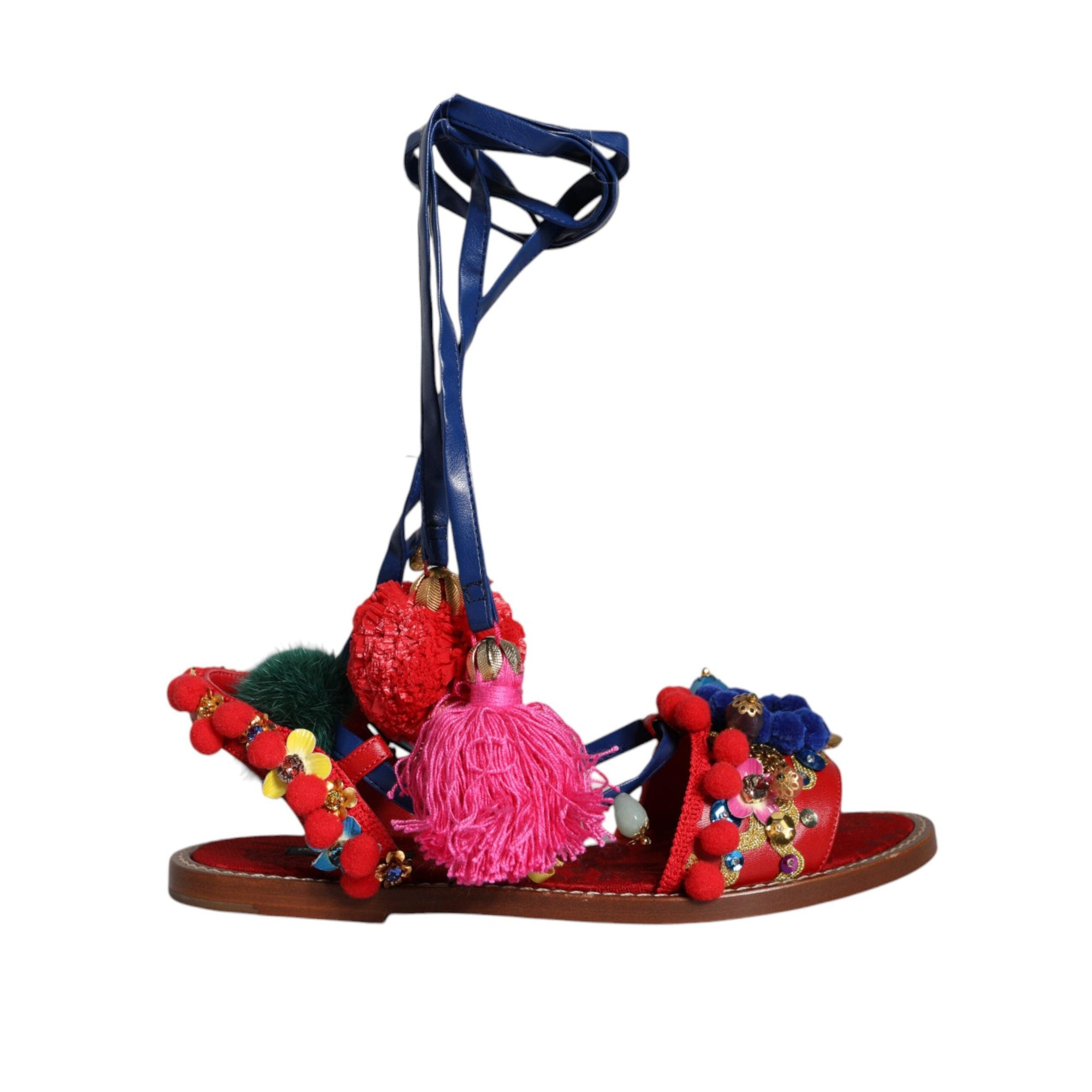 Dolce &amp; Gabbana Multicolor Pom Pom Fur Wrap Sandals Shoes