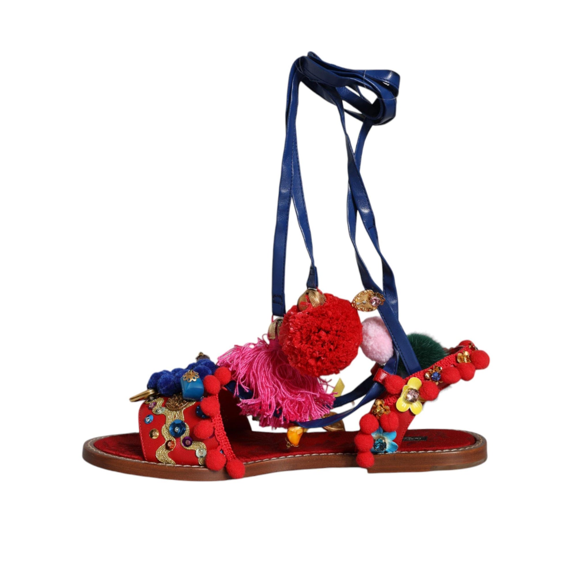 Dolce &amp; Gabbana Multicolor Pom Pom Fur Wrap Sandals Shoes
