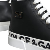 Dolce & Gabbana Black White Leather Mid Top Sneakers Shoes