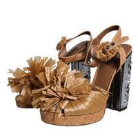 Dolce & Gabbana Brown Raffia Ankle Strap Crystal Sandals Shoes