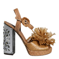 Dolce & Gabbana Brown Raffia Ankle Strap Crystal Sandals Shoes