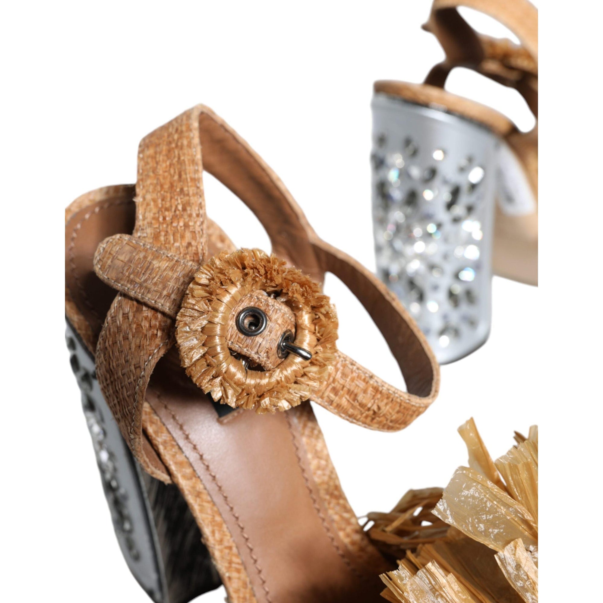 Dolce &amp; Gabbana Brown Raffia Ankle Strap Crystal Sandals Shoes