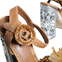 Dolce & Gabbana Brown Raffia Ankle Strap Crystal Sandals Shoes