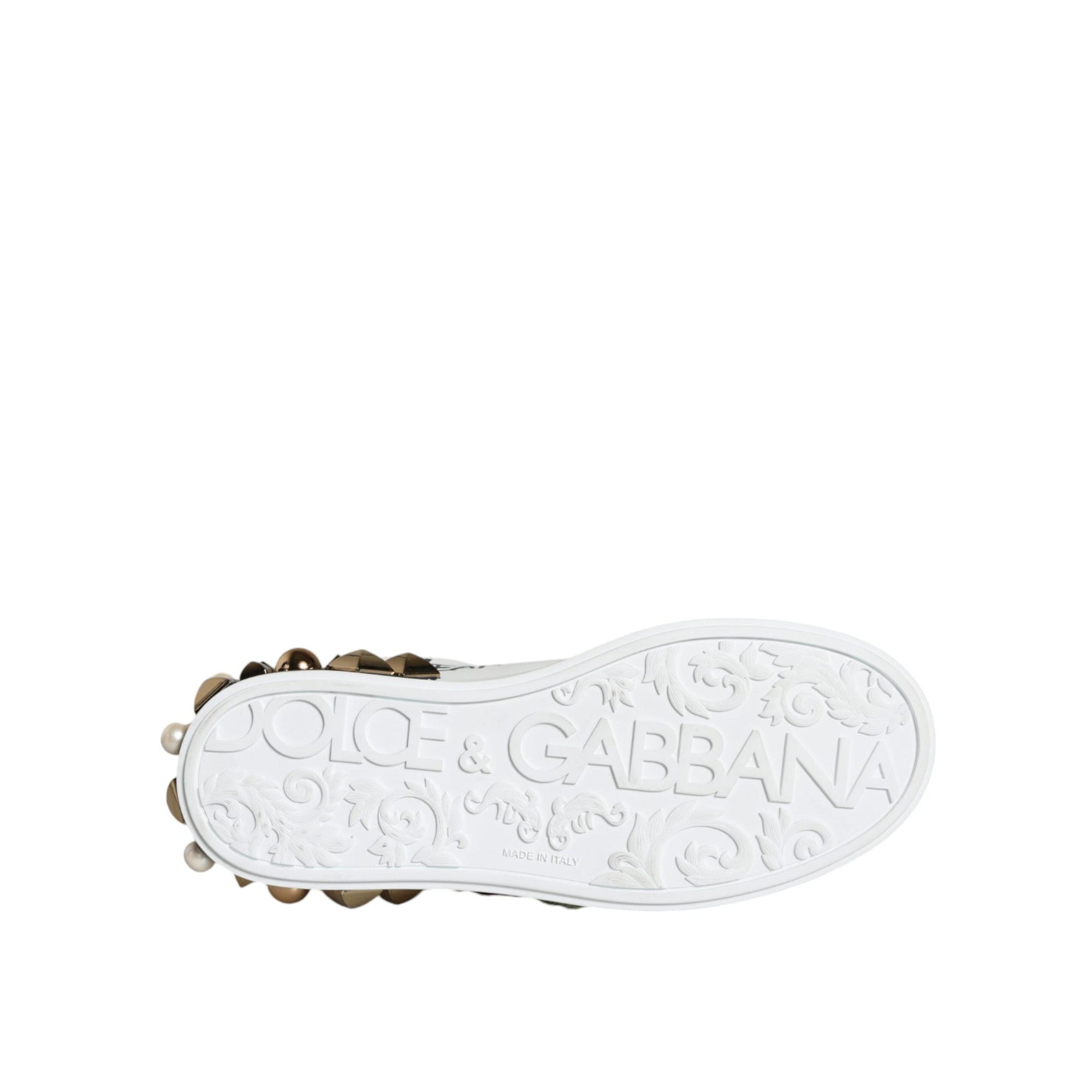 Dolce &amp; Gabbana White Leather Floral Studded Sneakers Shoes