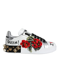 Dolce & Gabbana White Leather Floral Studded Sneakers Shoes