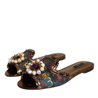 Dolce & Gabbana Multicolor Jacquard Embellished Slides Flats Shoes