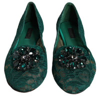 Dolce & Gabbana Green Lace Crystal Ballet Flats Loafers Shoes