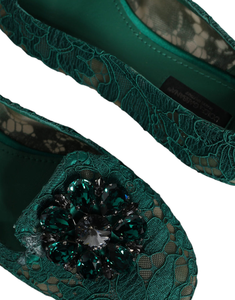 Dolce & Gabbana Green Lace Crystal Ballet Flats Loafers Shoes