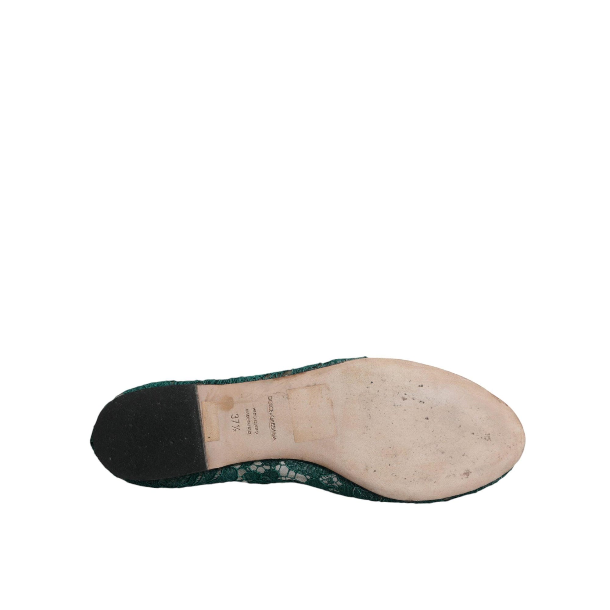 Dolce &amp; Gabbana Green Lace Crystal Ballet Flats Loafers Shoes