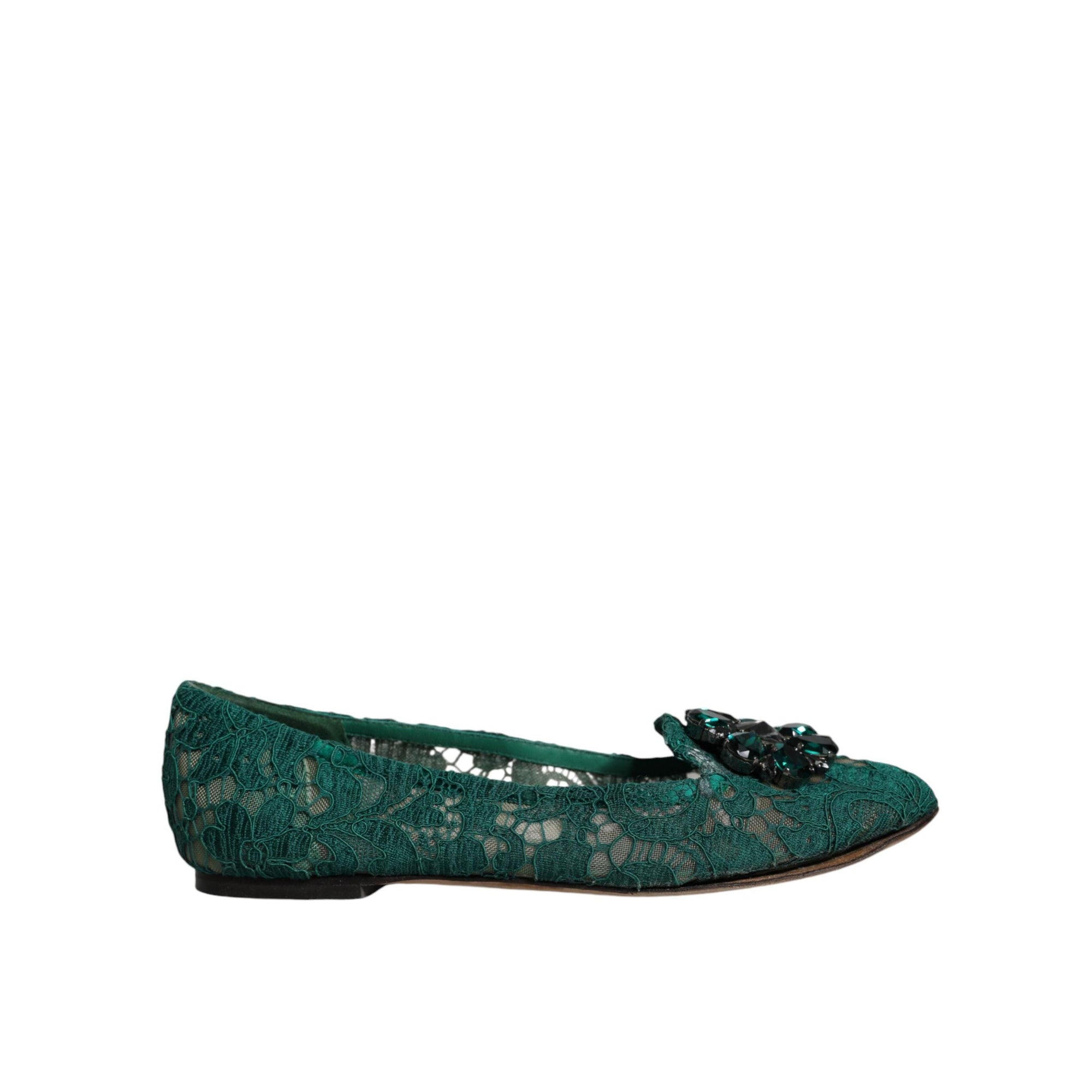 Dolce &amp; Gabbana Green Lace Crystal Ballet Flats Loafers Shoes