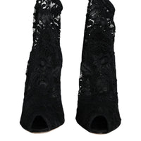 Dolce & Gabbana Black Lace Stretch Heels Mid Calf Boot Shoes