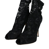 Dolce & Gabbana Black Lace Stretch Heels Mid Calf Boot Shoes