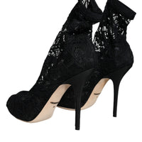 Dolce & Gabbana Black Lace Stretch Heels Mid Calf Boot Shoes