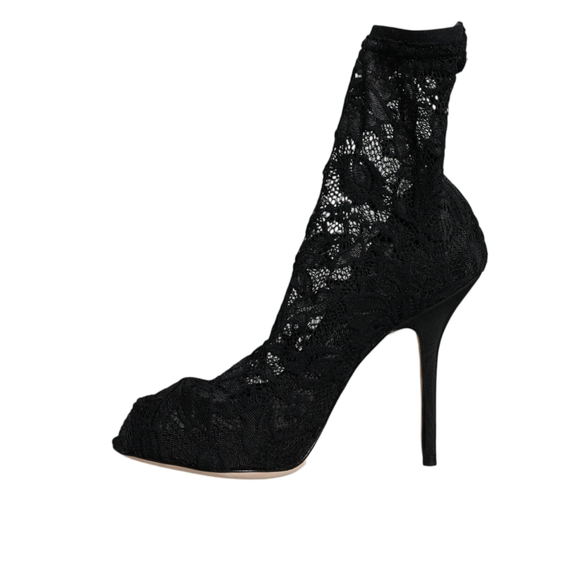 Dolce &amp; Gabbana Black Lace Stretch Heels Mid Calf Boot Shoes
