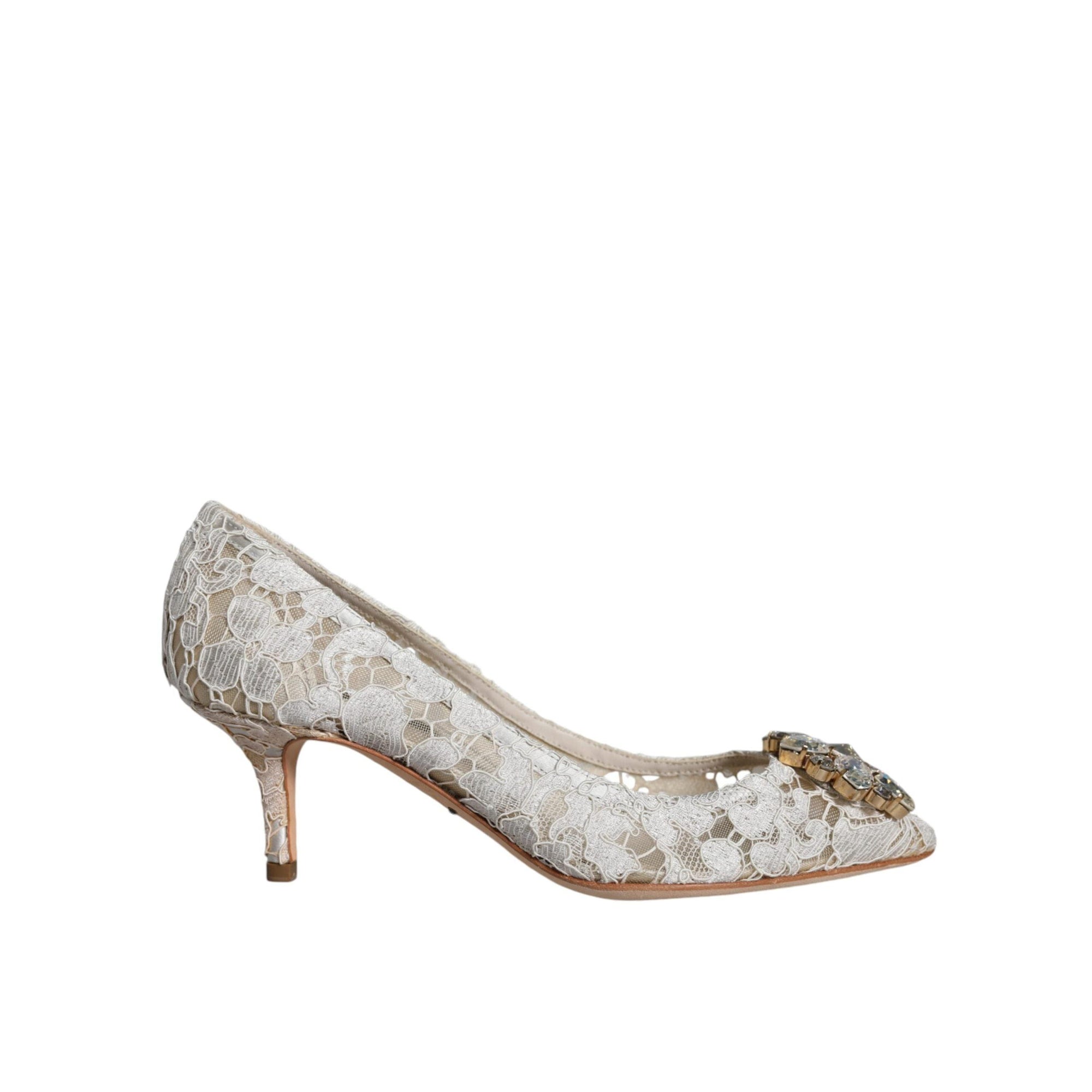 Dolce &amp; Gabbana White Taormina Lace Crystal Heel Pumps Shoes