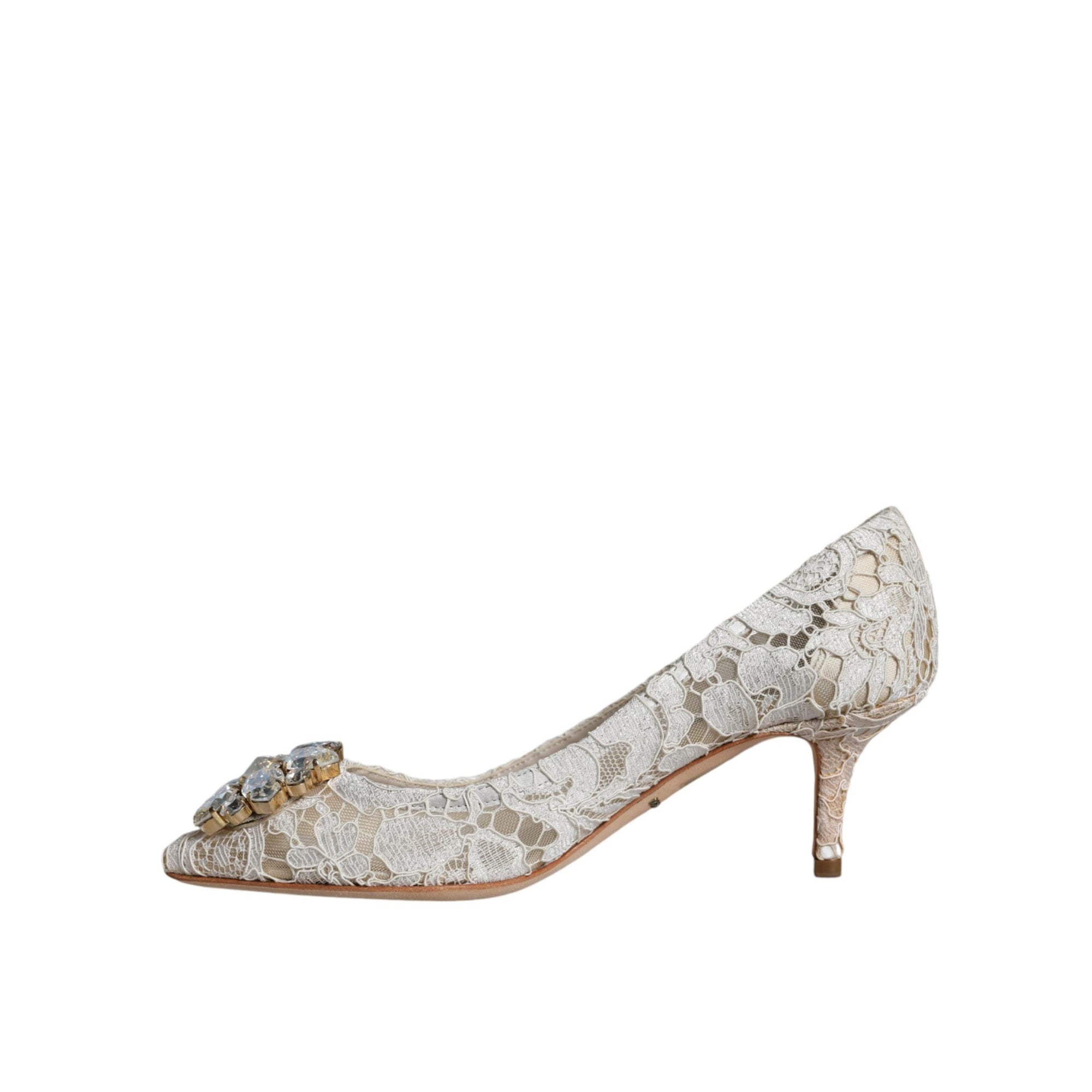 Dolce &amp; Gabbana White Taormina Lace Crystal Heel Pumps Shoes
