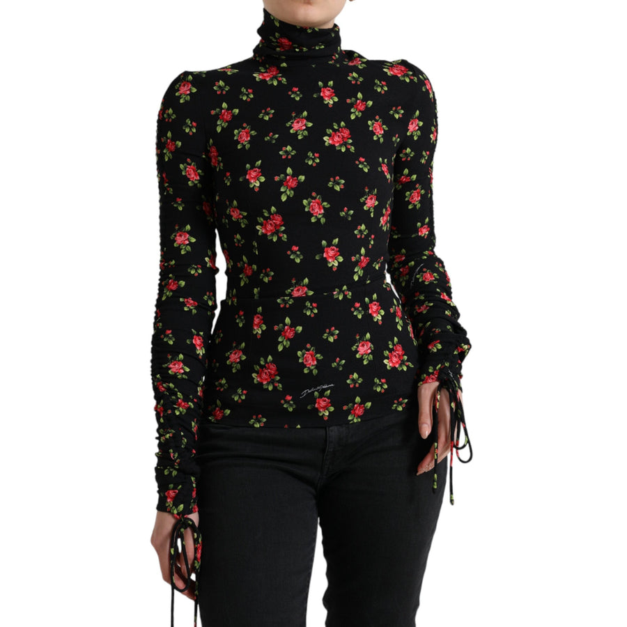 Dolce & Gabbana Black Rose Print Turtle Neck Blouse Top