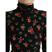 Dolce & Gabbana Black Rose Print Turtle Neck Blouse Top