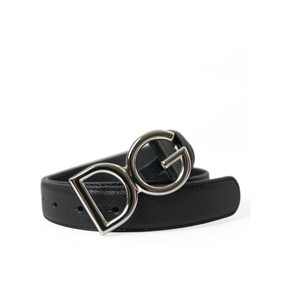 Dolce & Gabbana Black Leather Silver DG Logo Buckle Belt