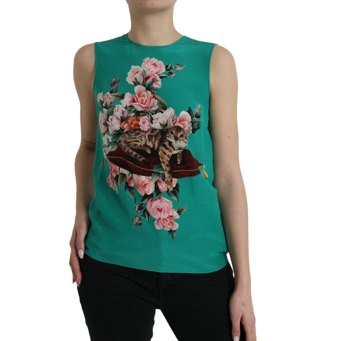 Dolce & Gabbana Green Floral Cat Silk Round Neck Tank Top