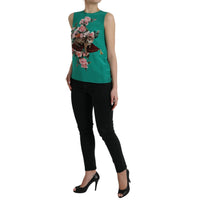 Dolce & Gabbana Green Floral Cat Silk Round Neck Tank Top