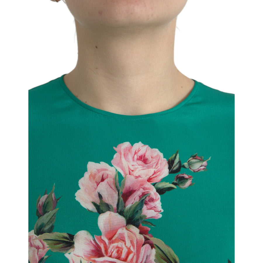 Dolce & Gabbana Green Floral Cat Silk Round Neck Tank Top