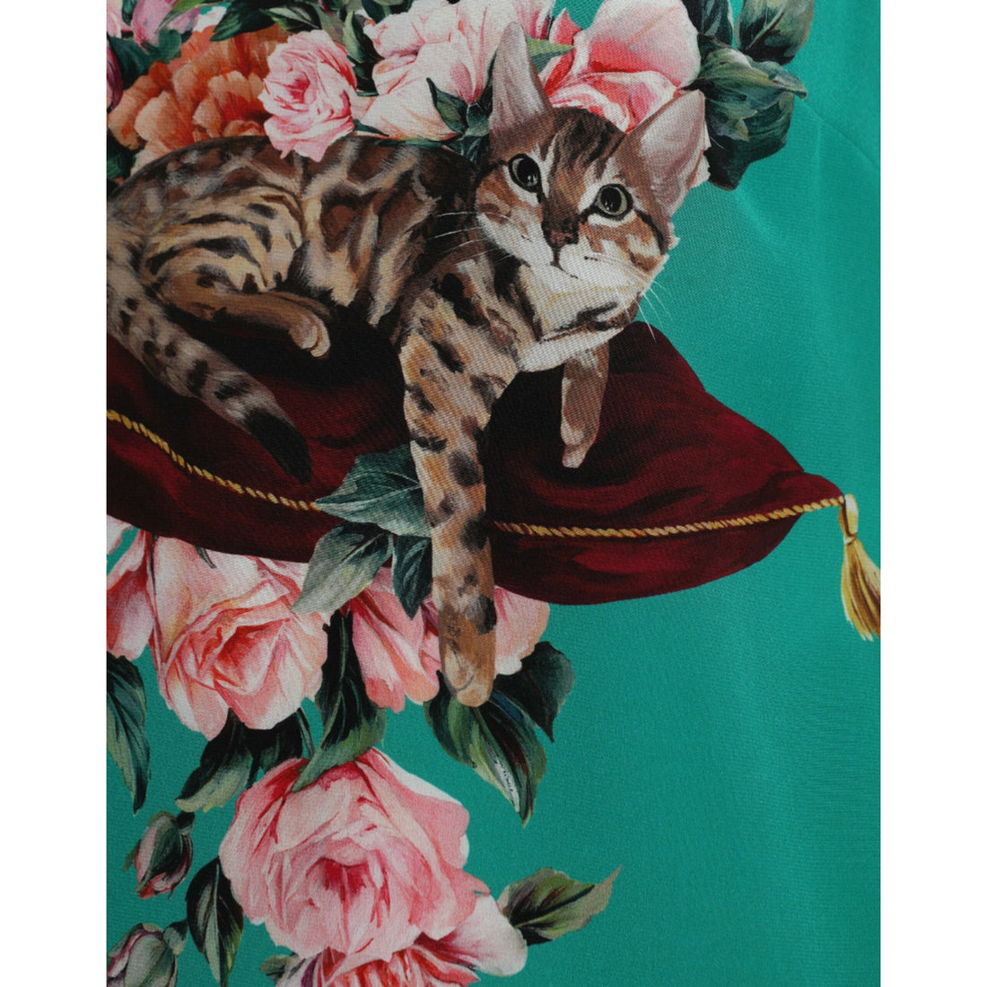 Dolce & Gabbana Green Floral Cat Silk Round Neck Tank Top